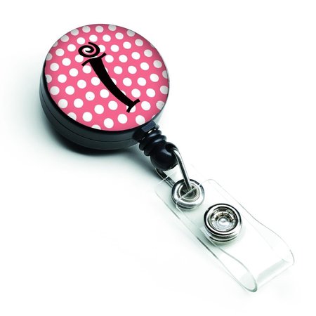 CAROLINES TREASURES Letter I Monogram Pink and Black Polka Dots Retractable Badge Reel CJ1001-IBR